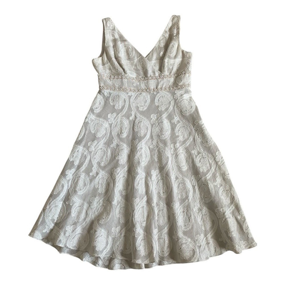 Adrianna Papell Vintage Cream Linen Silk Paisley Midi Dress Size 12P